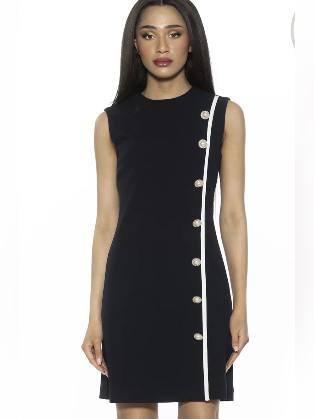 Alexia Admor Navy Shift Dress with White Trim and Pearl Buttons